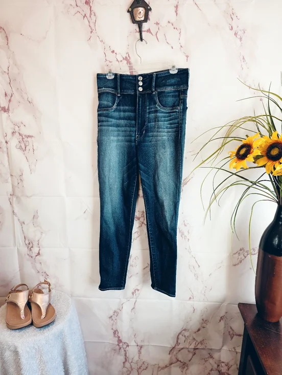 American Eagle High Rise Skinny Jeans Dark Wash 3 Button Stretch 12 - Picture 2 of 6